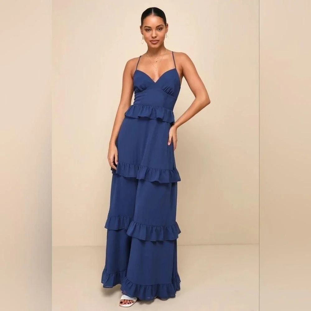 Lulus Captivating Class Lace Up Cross Back Tiered Ruffle Maxi Dress Womens XL